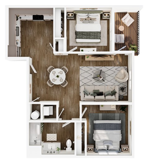 Floor plan for 2 beds, 1 bath, 863 sqft